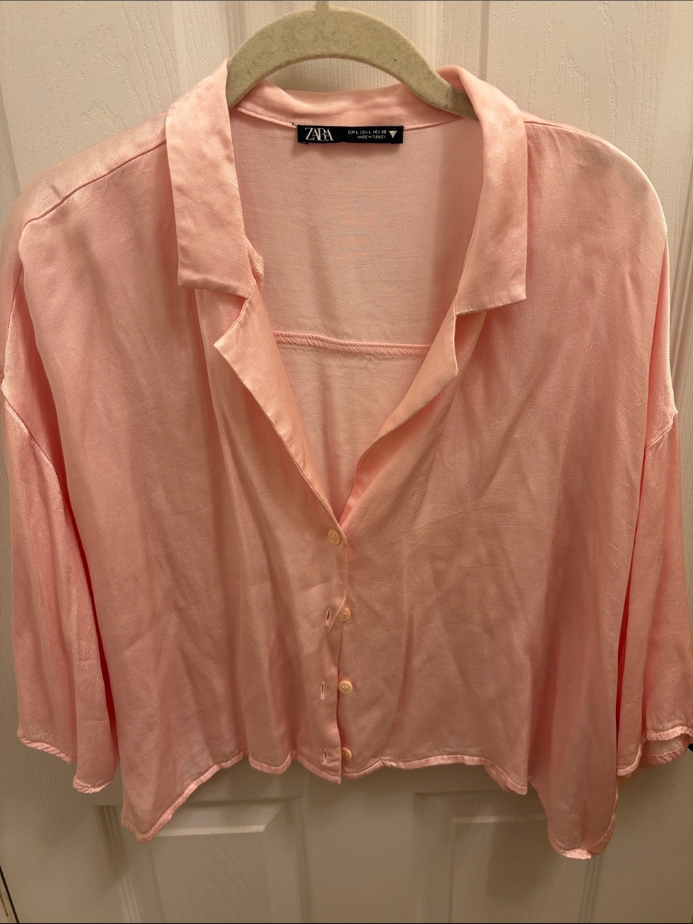 Pink Satin Zara Cropped Button Up Top